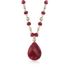 Ross-Simons - 10.00 Carat Ruby Station Necklace in 14kt Yellow Gold. 18". Rich, red rubies are enhanced with the glow of 14kt yellow gold. A 10.00 carat pear-shaped ruby dangles from a lovely necklace stationed with 3-4mm faceted ruby beads and 3mm gold beads. Wear this treasure anytime you want to stand out! Springring clasp, ruby necklace. Ruby birthstones are the perfect gift for July birthdays. Classic Ruby Necklace With Diamond Cut, Formal Red Faceted Necklace, Luxury Red Ruby Necklace, Formal Ruby Jewelry With Faceted Details, Classic Red Faceted Necklaces, Gold Ruby Briolette Jewelry, Elegant Ruby Briolette Necklace, Gold Ruby Briolette Earrings, Formal Gold Jewelry With Lab-created Ruby