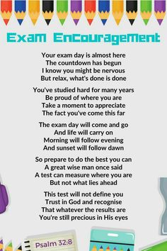 a poster with some writing on it and pencils around it, including the words exam