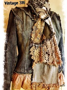 Handmade Scarfs Ideas, Upcycled Fashion Diy Inspiration, Denim Scarf, Ropa Upcycling, Bohemian Scarves, Wearable Art Clothing, Patchwork Clothes, Embellished Denim Jacket, Upcycle Clothes Diy