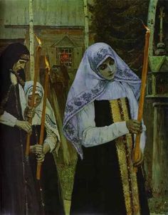 a painting of two women dressed in medieval clothing and holding torches, standing next to each other