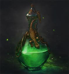 a green glass bottle with an ornate design on the top and bottom, in front of a dark background