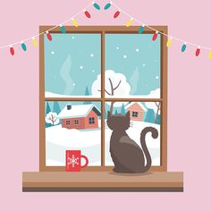 a cat sitting on a window sill looking out the window at snow covered houses