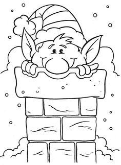 a black and white drawing of an elf on top of a brick wall with snow