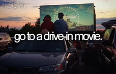 two people standing next to each other with the words go to a drive - in movie