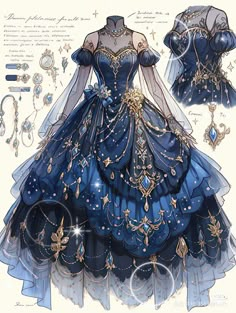 Royal Dresses Drawing, Blue Fantasy Outfit, Dress Drawing Sketches, Gaun Abad Pertengahan