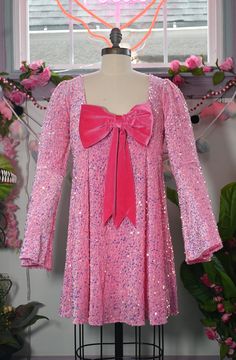 Priscilla 60's Bell Sleeve Sequin Velvet Mini Dress in Pink Twirl Skirt, Velvet Mini Dress, The Plaza, Mini Velvet Dress, Dress Form, Soft Velvet, Empire Waist, Bell Sleeve, Dress Fabric