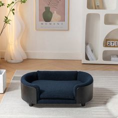 a blue dog bed sitting on top of a rug in front of a white wall