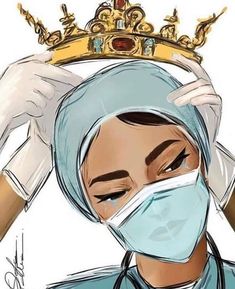 a woman wearing a surgical mask with a crown on her head and the words, en bild sagt mehr alss 100 worte