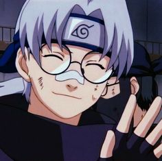 an anime character with glasses holding his hand up to his face