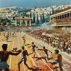 an illustration of men running on a race track in front of a stadium full of people