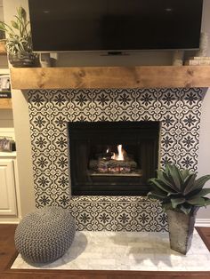 a fireplace with a television above it and a potted plant