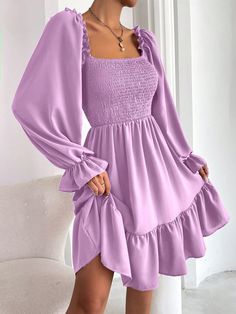 Mauve Purple Boho Collar Long Sleeve Fabric Plain A Line Embellished Non-Stretch Spring/Summer Women Clothing Grade 8 Grad Dresses Short Light Purple, Grad Dresses Grade 8 Purple, Light Purple Dress Short, Pastel Purple Dress, Grade 8 Grad Dresses, Grad Dresses Short, Grad Dresses Long, Light Feminine, Elastic Waist Dress