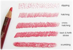 the different types of lipstick pencils are shown in red and pink, along with each other