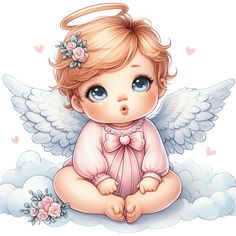 a little angel sitting on top of a cloud with flowers in her hair and wearing a pink dress