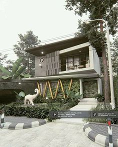 an artist's rendering of a modern house in the middle of trees and bushes