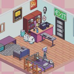 the living room is decorated in pink and purple colors, with an animal on the floor