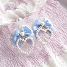 Light Blue bow pearl heart  Dangle Earrings / Clip On No Pierce ,  Cute Victorian style elegant  Jewelry ♡ the pearl heart approx 3.8cm ♡ bow width approx 4cm Pastel Blue Jewelry, Blue Bow Earrings, Light Blue Earrings Aesthetic, Cute Accessories Earrings, Cute Blue Accessories, Blue Accessories Aesthetic, Blue Earrings Aesthetic, Blue Jewelry Aesthetic, Light Blue Accessories