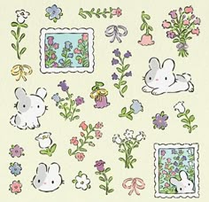 a bunch of stickers with animals and flowers on them