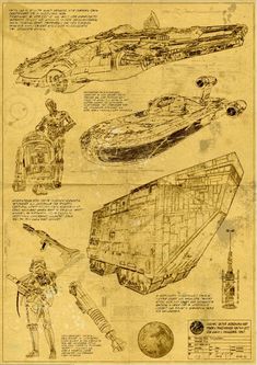 an old paper with some drawings and instructions for the vehicles used in star wars on it