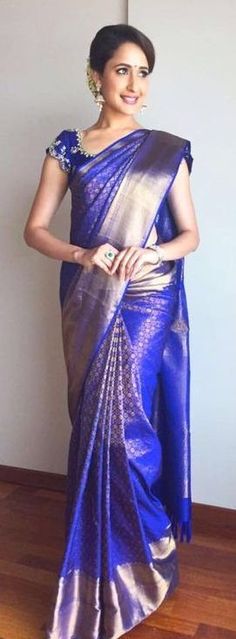 Blue Kanjivaram Silk Saree Pragya Jaiswal, Kanjivaram Sarees Silk, Pattu Saree Blouse Designs, Wedding Saree Blouse Designs