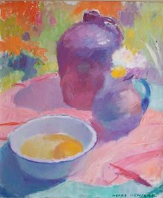 an oil painting of a pitcher and bowl on a pink cloth with flowers in the background