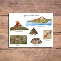 a card with different types of volcanos on it and the words'types of volcanos '