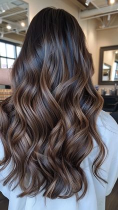 Hair Cuts Brunette Girl, Virgin Hair Color Transformation, Cold Brew Balayage Hair, Chocolate Brown Hair With Partial Highlights, Beach Waves Hair Brown, Heavy Lowlights On Brown Hair, Different Hair Color Ideas For Brunettes, Brunette Bayalage Honey, Balyage Medium Hair Brunettes