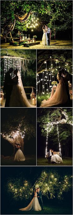 wedding photos taken in the dark with fairy lights on trees and string lights hanging from them