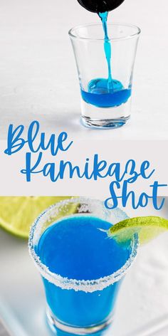 a blue drink being poured into a glass with the words blue fankeee shot