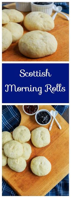 scottish morning rolls on a wooden cutting board with dipping sauces in the background and text overlay that reads, scottish morning rolls