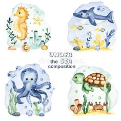 four different sea animals are depicted in this watercolor painting set, with the words under the sea composition written below