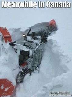 a man laying down in the snow with his skis on top of him and text that reads meanwhile in canada