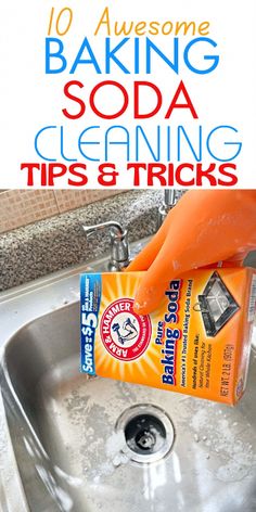 a close up of a sink with soap and cleaning products on it in front of a kitchen sink