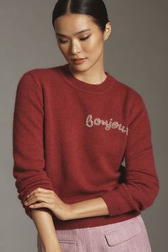 Has sweater weather ever looked (and felt) this good? Beaded 'bonjour' lettering dons the front of this sweater with a crew neck and long sleeves. | Beaded Bonjour Sweater by English Factory in Purple, Women's, Size: Medium, Polyester/Acrylic/Elastane at Anthropologie Beaded Sweatshirt, Oversized Sweater Women, English Factory, Softest Sweater, Sweaters Oversized, Knitwear Women, Sweater Weather, Pullover Styling, Womens Clothing Tops