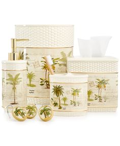 a bathroom set with palm trees on it