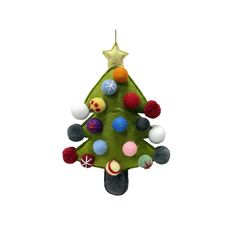 a green christmas tree ornament with balls and stars hanging from it's side