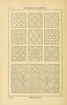 an old book with many different designs on the pages, including squares and circles in black ink