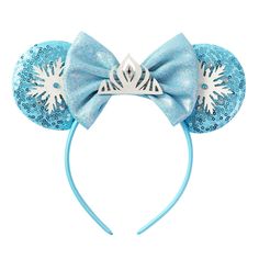 PRICES MAY VARY. Package included: 1 x princess cosplay headband with blue mouse ears, snowflake and glitter crown bow. Material: This hairband tiara is made of high-quality glitter material. And there is soft sponge inside, light and very comfortable to head. Size: The princess headband approx. wide 9 inch, diameter 4.5 inch. One size fits most adults. Perfect Gift: Handmade, full sequin on both sides to let the mouse ears headband be very shining. A cute gift for women. Princess party decorati Cosplay Headband, Elsa Headband, Elsa Hair, Princess Halloween, Blue Mouse, Princess Party Decorations, Bow Hairband, Glitter Crown, Kids Headbands