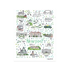 a card with the words newport written in green and blue ink on it, surrounded by images of buildings