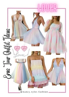 four different styles of dresses with the words love on them in pink, white and blue