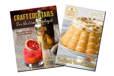 two books about craft cocktails and an orange cake with icing on top, sitting next to each other