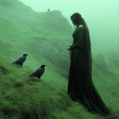 a woman standing on top of a lush green hillside next to two crows in the grass