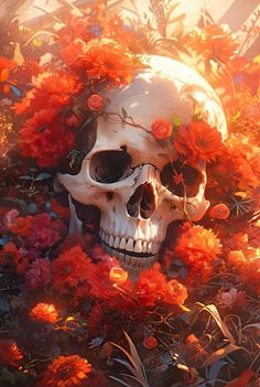 a painting of a skull surrounded by flowers