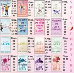 a calendar with different books on it and numbers for each book in the same column