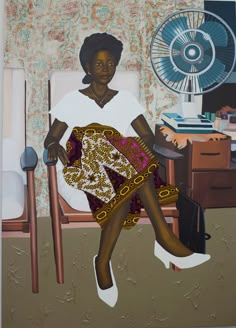 a painting of a woman sitting on a chair with a fan in the back ground