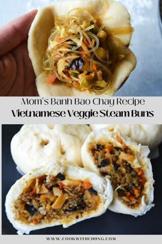 two pictures with different types of food inside of them, and the words mom's banh bao cha recipe vietnamese veggie steamed beans