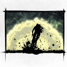 the silhouette of a person standing in front of a full moon with splats on it