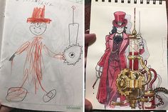 two drawings of people in costumes and hats