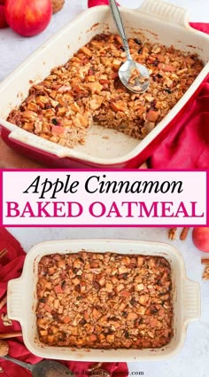 an apple and cinnamon baked oatmeal in a casserole dish