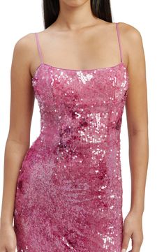 Give your curves a hug in this light-grabbing cocktail dress dripping in sequins and designed with an easy-moving back slit. 47" center front length (size 8) Back zip closure Square neck Adjustable straps Lined 100% polyester Hand wash, line dry Imported Cocktail Midi Dress, Pink Sequin Dress, Designer Party Dresses, Day To Night Dresses, Sequin Maxi Dress, Sequin Party Dress, Sequin Maxi, Midi Cocktail Dress, Midi Dress Party